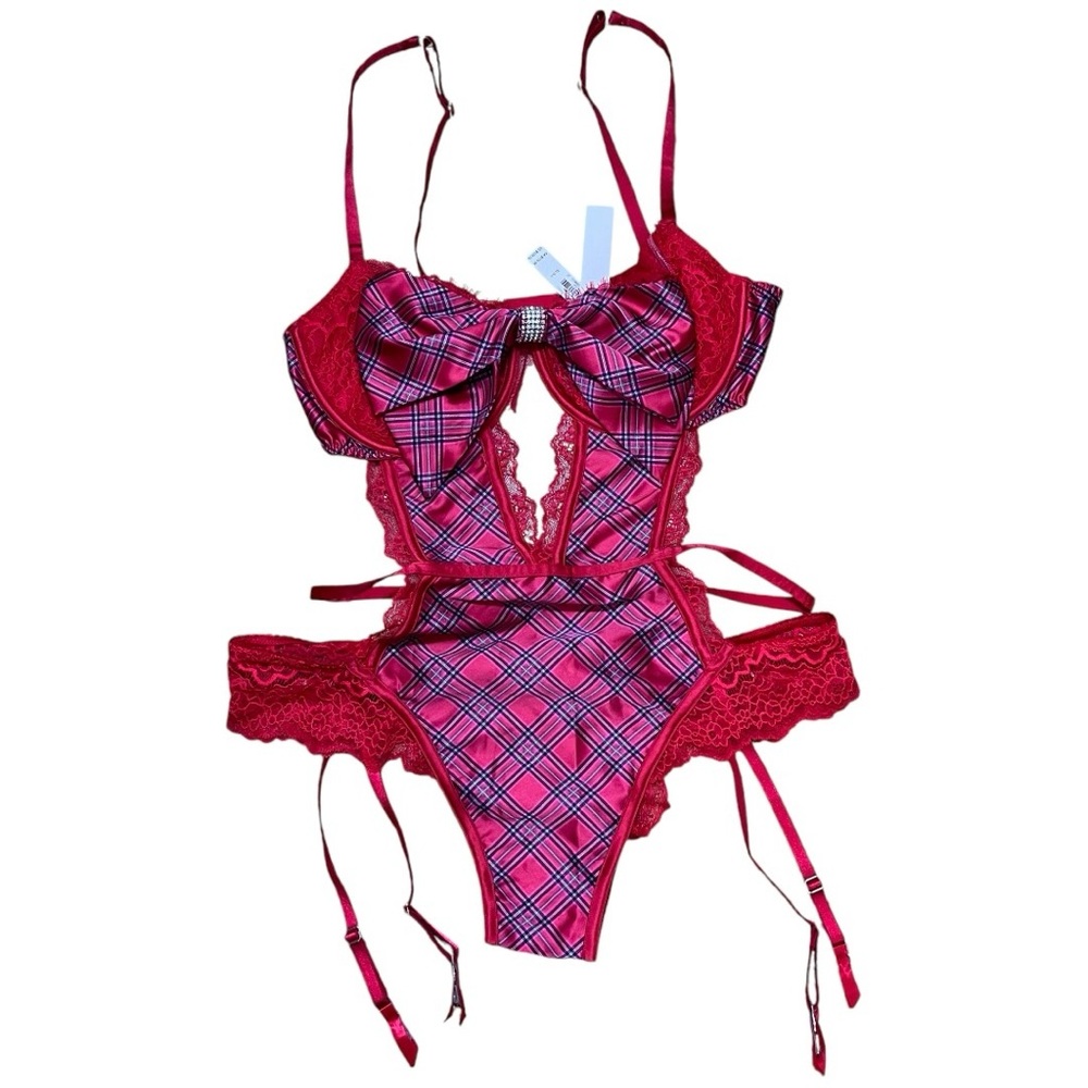 Victoria’s Secret Wicked Unlined Bow Balconette Teddy NWT In Red Plaid Sz XL